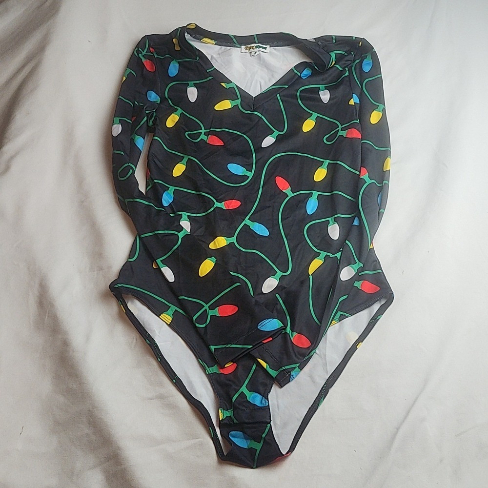 Tipsy Elves Christmas Lights Bodysuit Black Women's Size Medium